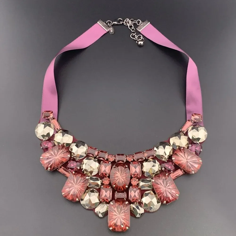 Joan River Burgundy Plum Bib Chunky Rhinestone Ribbon Necklace - Picture 2 of 7